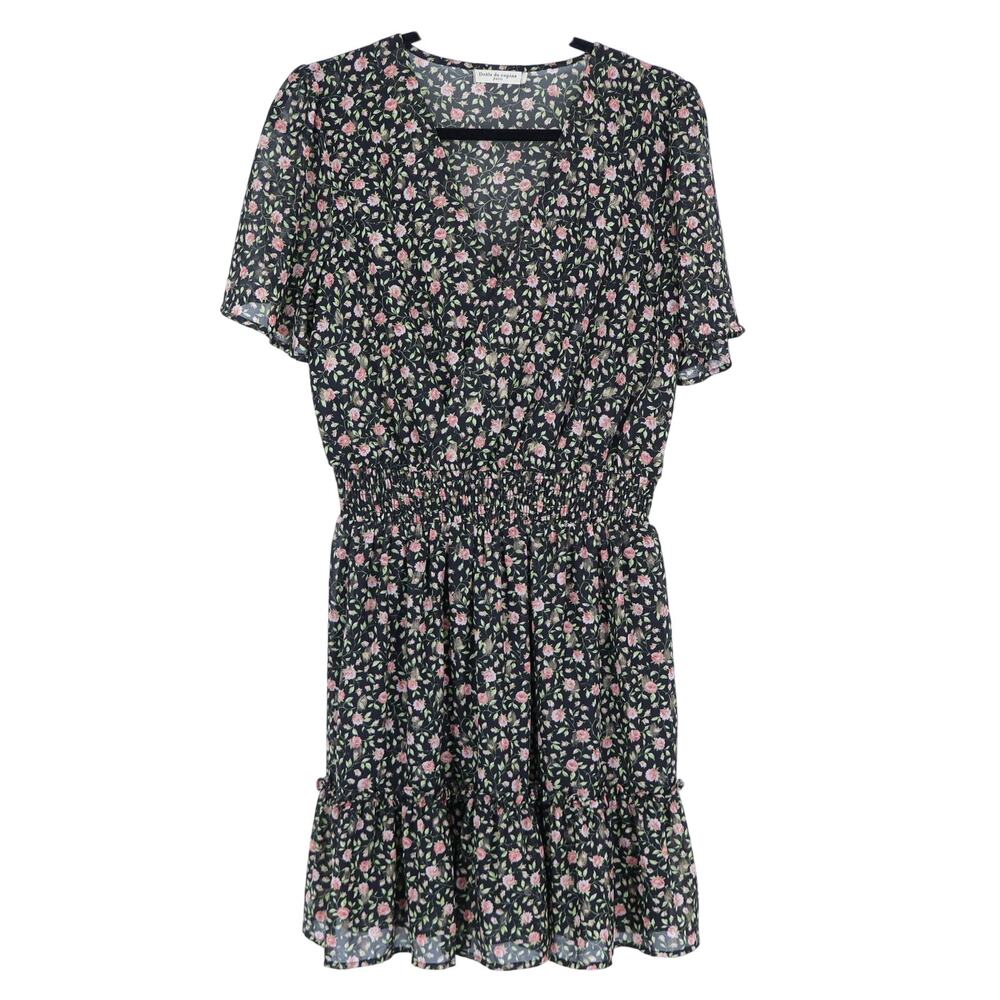 Drole de Copine Floral Ruffled Mini Dress Black Multi Short Sleeve Women's L